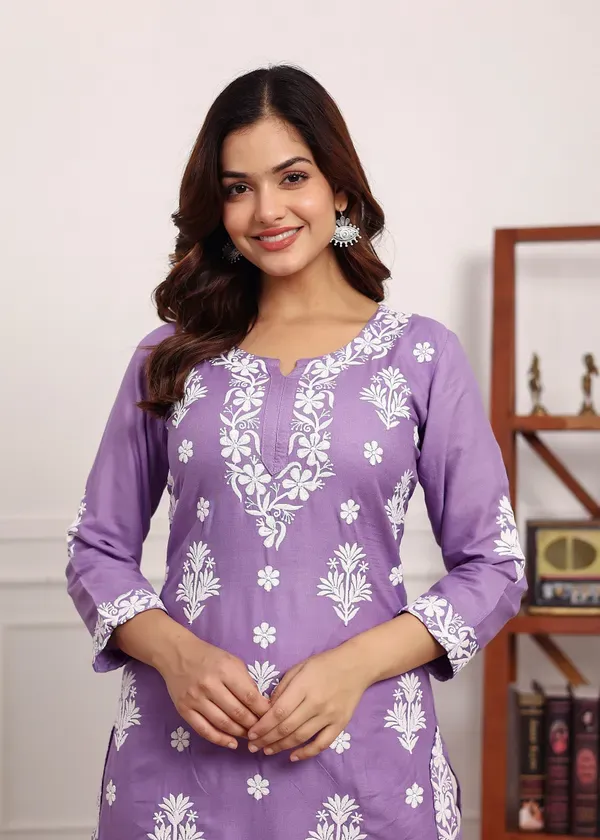 Light_Purple_Embroidered_Chikan_Kurta_With_Plazzo_Ethnic_Indian_Wear_Chikankari_Work