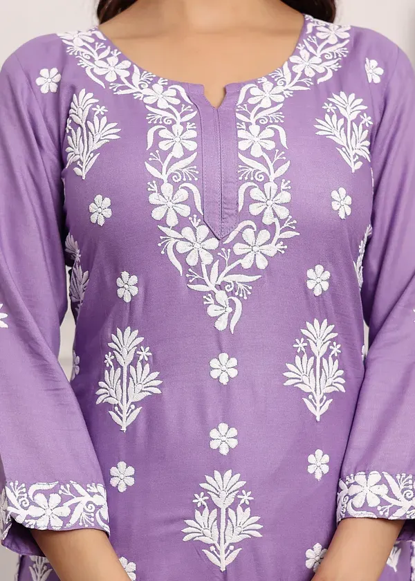 Light_Purple_Embroidered_Chikan_Kurta_With_Plazzo_Ethnic_Indian_Wear_Chikankari_Work
