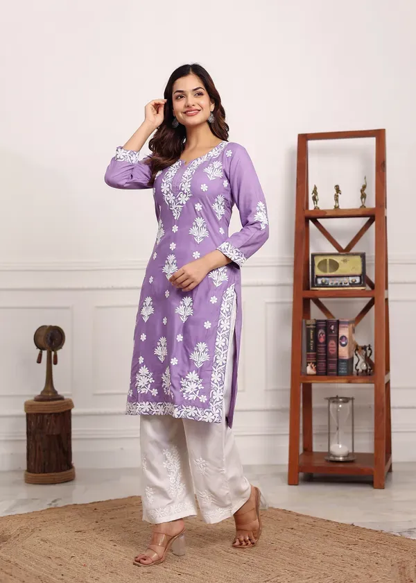 Light_Purple_Embroidered_Chikan_Kurta_With_Plazzo_Ethnic_Indian_Wear_Chikankari_Work