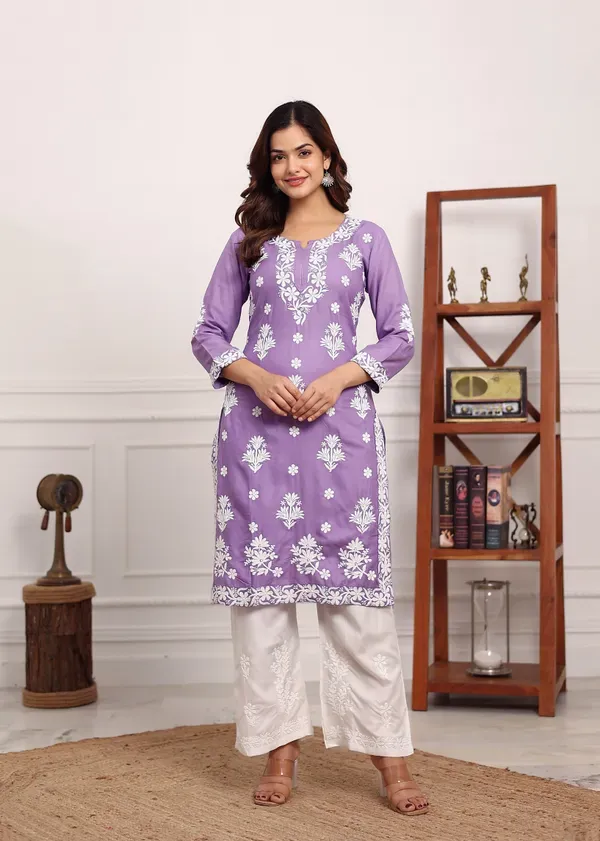 Light_Purple_Embroidered_Chikan_Kurta_With_Plazzo_Ethnic_Indian_Wear_Chikankari_Work