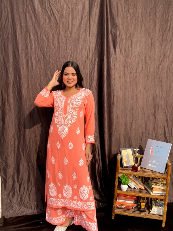 Peach_Chikankari_Straight_Kurta_Palazzo_Set_Readymade_For_Women