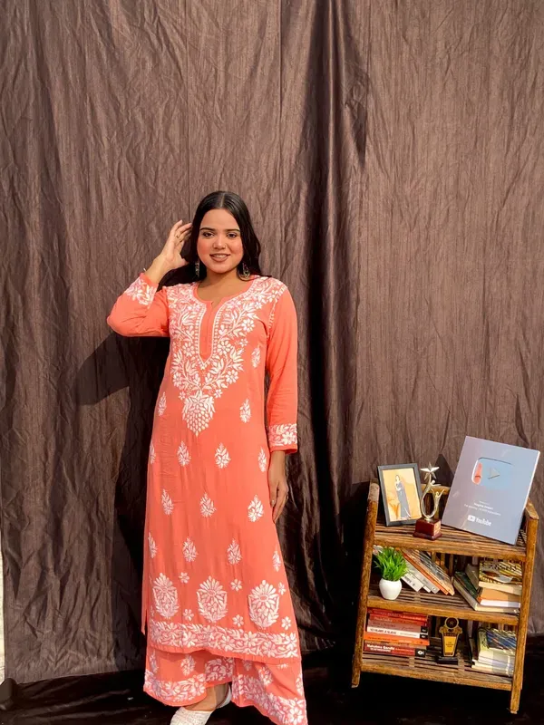 Peach_Chikankari_Straight_Kurta_Palazzo_Set_Readymade_For_Women