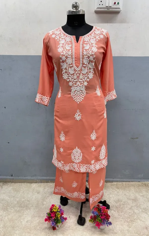 Peach_Chikankari_Straight_Kurta_Palazzo_Set_Readymade_For_Women