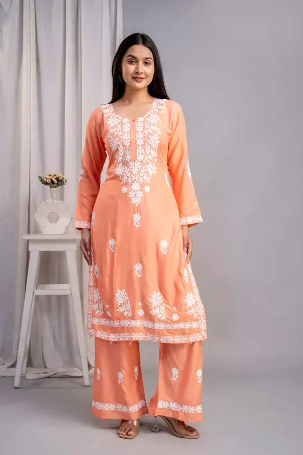 Peach_Women_S_Exclusive_Kurti_Palazzo_Set_On_Pure_Rayon_Fabric_Chikan_Sui