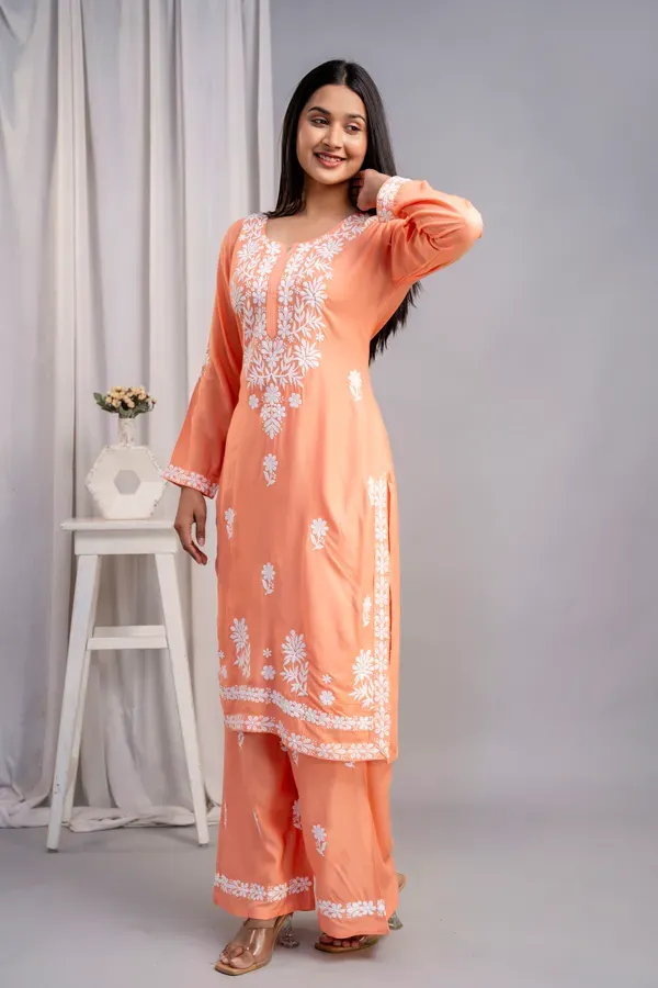 Peach_Women_S_Exclusive_Kurti_Palazzo_Set_On_Pure_Rayon_Fabric_Chikan_Sui