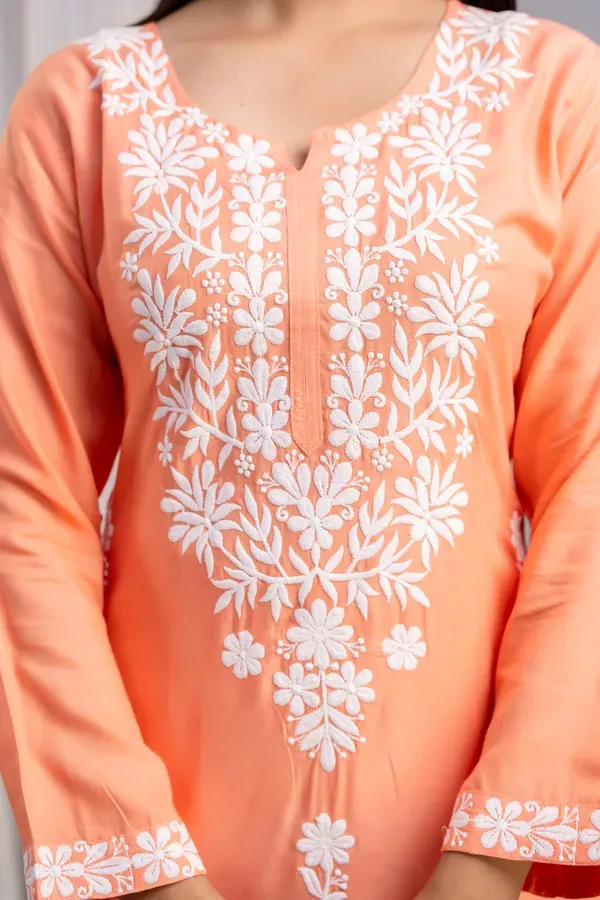 Peach_Women_S_Exclusive_Kurti_Palazzo_Set_On_Pure_Rayon_Fabric_Chikan_Sui