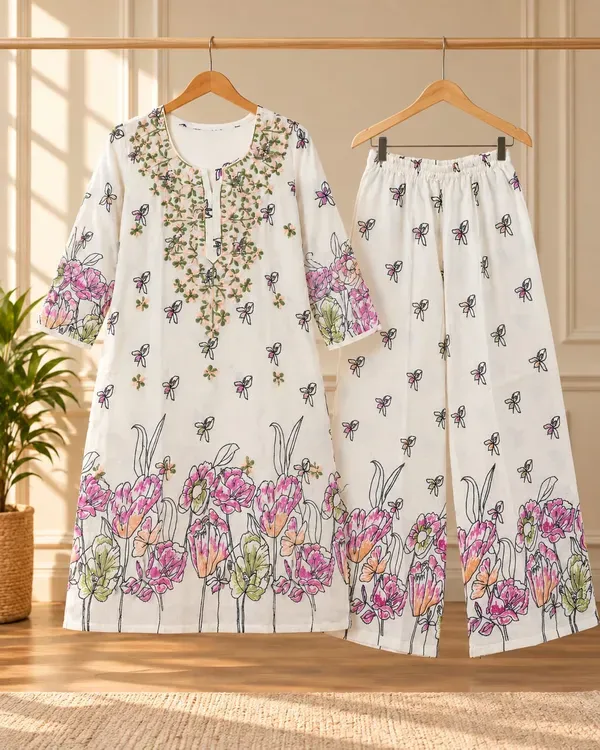White_Stlylish_Printed_Pure_Cotton_Kurta_And_Plazzo_Set