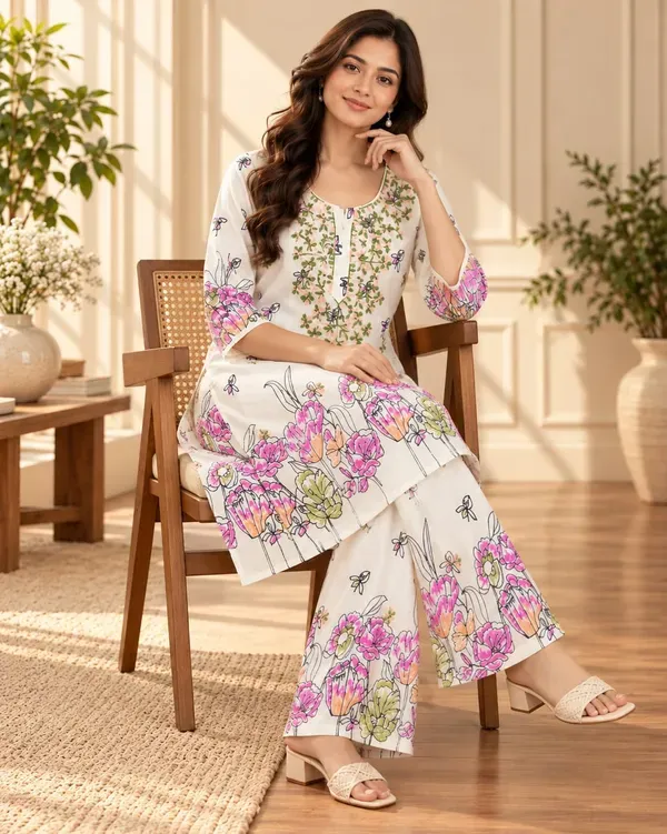 White_Stlylish_Printed_Pure_Cotton_Kurta_And_Plazzo_Set