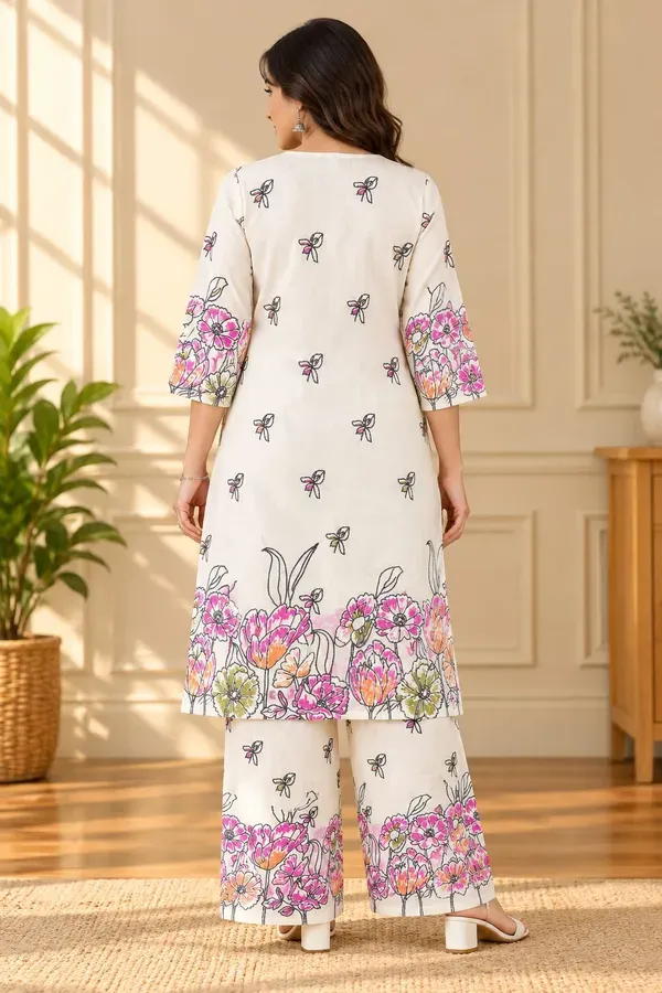 White_Stlylish_Printed_Pure_Cotton_Kurta_And_Plazzo_Set