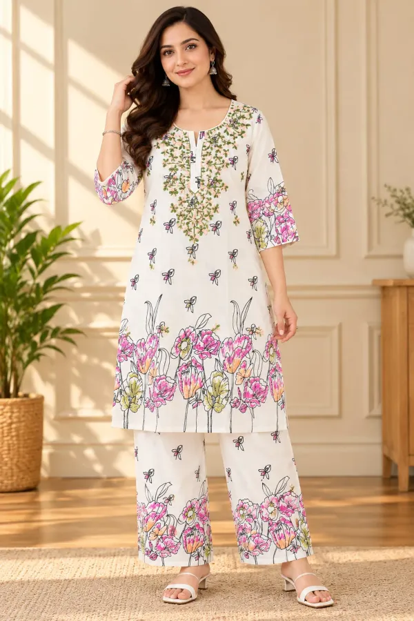 White_Stlylish_Printed_Pure_Cotton_Kurta_And_Plazzo_Set