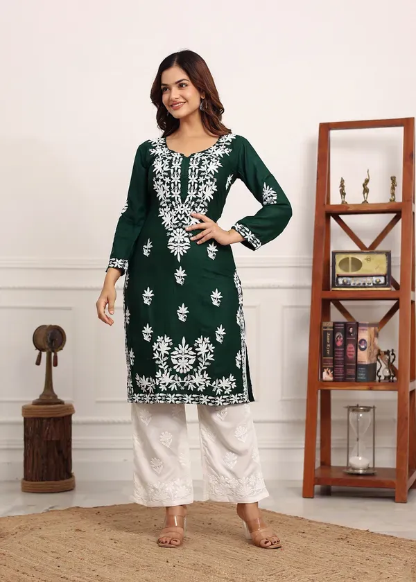 Green_Elegant_Chikankari_Below_Knee_Length_Kurti_Plazo_Set_Perfect_For_All