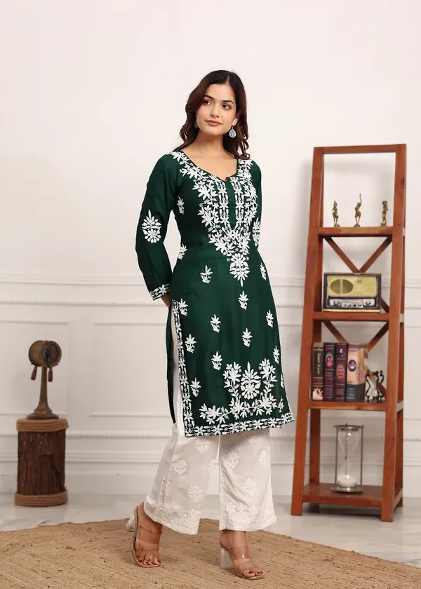 Green_Elegant_Chikankari_Below_Knee_Length_Kurti_Plazo_Set_Perfect_For_All