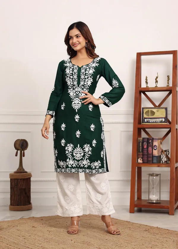 Green_Elegant_Chikankari_Below_Knee_Length_Kurti_Plazo_Set_Perfect_For_All