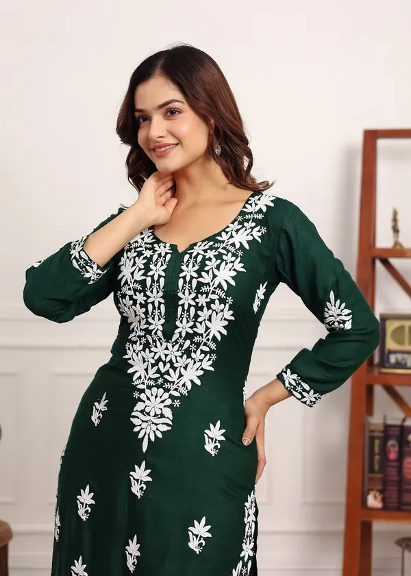 Green_Elegant_Chikankari_Below_Knee_Length_Kurti_Plazo_Set_Perfect_For_All
