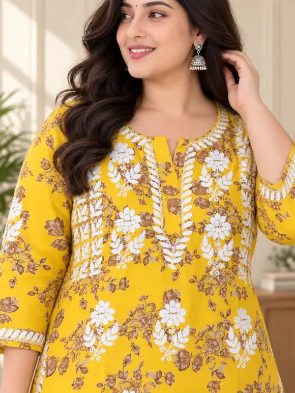 Yellow_Cotton_Printed_Chikankari_Kurta_And_Plazzo_Set