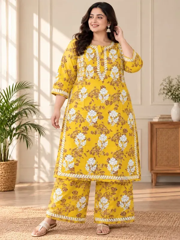 Yellow_Cotton_Printed_Chikankari_Kurta_And_Plazzo_Set
