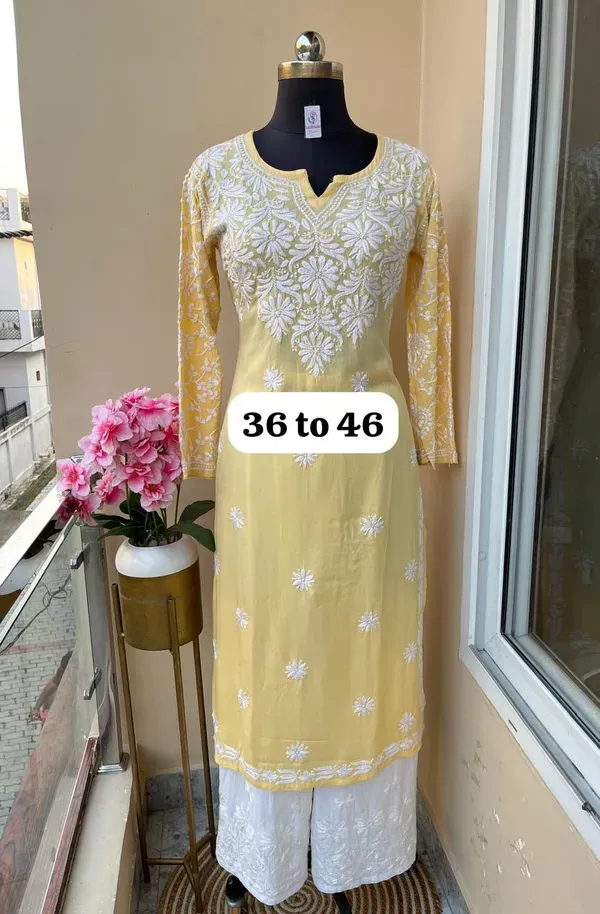 Light_Lemon_Chikankari_Work_Cotton_Thread_Rayon_Palazo_Kurtis