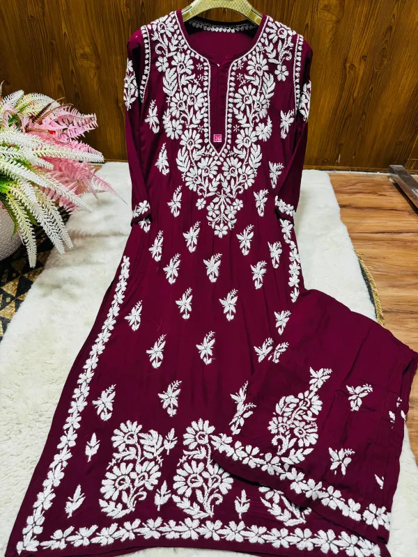 Wine_Chikankari_Beautiful_Heavy_Work_Rayon_Plazzo_Set