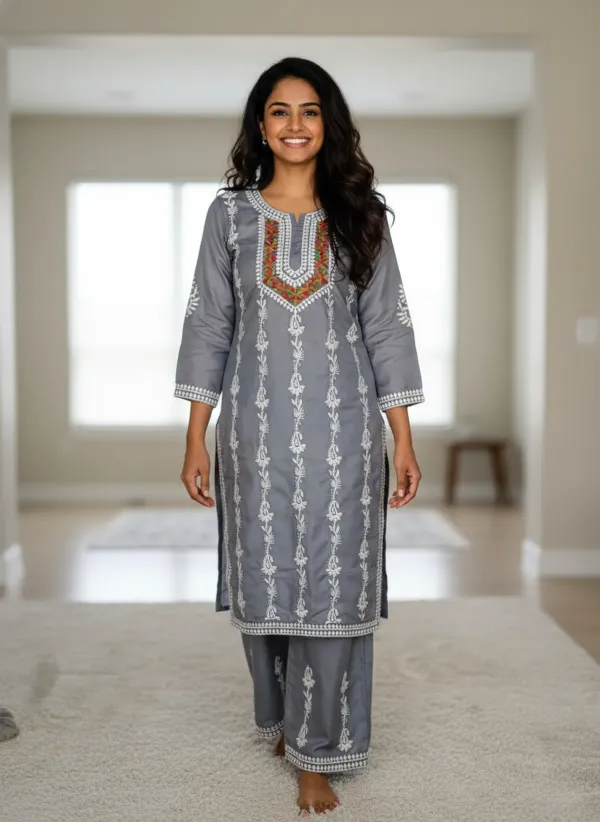 Grey_Elegant_Chikankari_Kurta_With_Palazzo