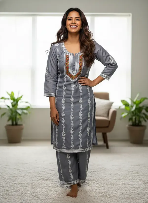 Grey_Elegant_Chikankari_Kurta_With_Palazzo