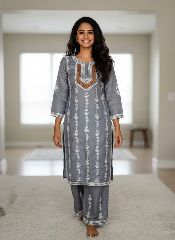 Grey_Elegant_Chikankari_Kurta_With_Palazzo