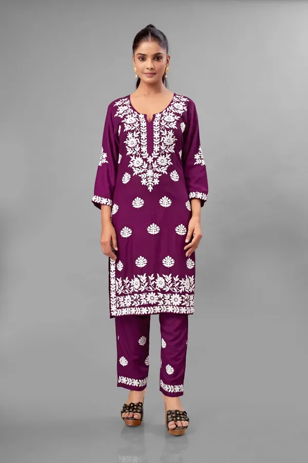 Wine_Partywear_Chikankari_Straight_Kurta_Palazzo_Set_Readymade_For_Women