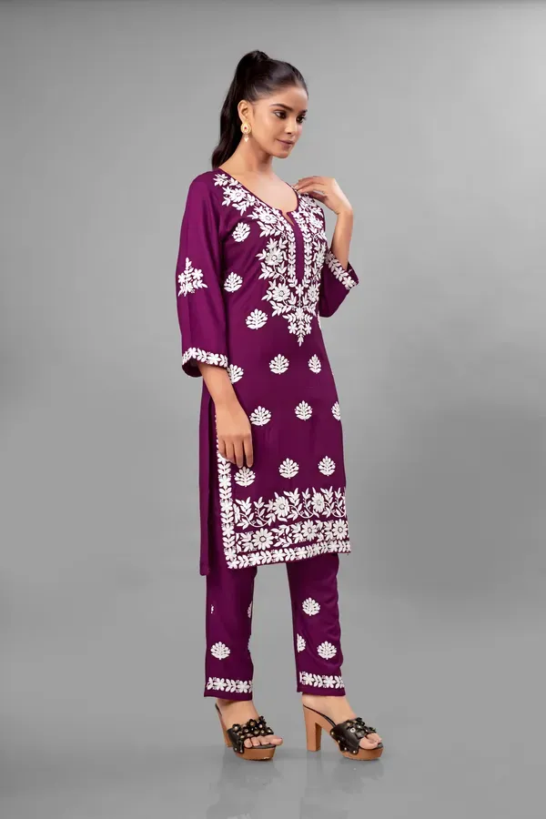 Wine_Partywear_Chikankari_Straight_Kurta_Palazzo_Set_Readymade_For_Women