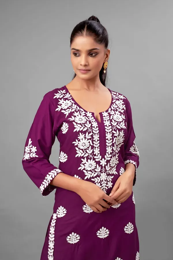 Wine_Partywear_Chikankari_Straight_Kurta_Palazzo_Set_Readymade_For_Women