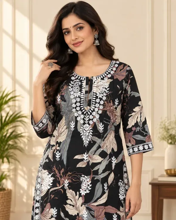 Black_Cotton_Printed_Chikankari_Work_Kurti_Set