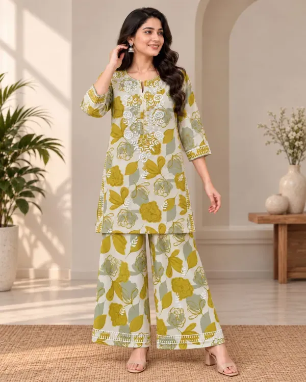 Lemon_Designer_Cotton_Printed_Chikankari_Work_Kurta_And_Plazzo_Set