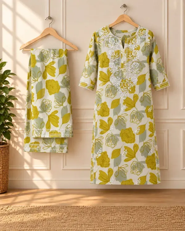 Lemon_Designer_Cotton_Printed_Chikankari_Work_Kurta_And_Plazzo_Set
