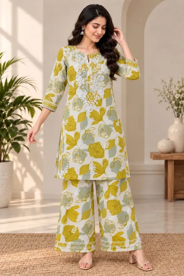 Lemon_Designer_Cotton_Printed_Chikankari_Work_Kurta_And_Plazzo_Set