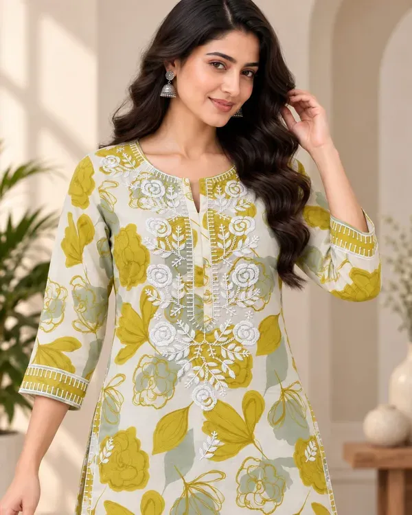 Lemon_Designer_Cotton_Printed_Chikankari_Work_Kurta_And_Plazzo_Set
