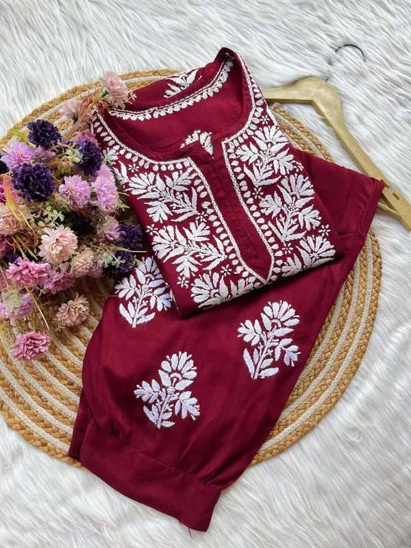 Maroon_Chikankari_Reyon_Kurti_With_Afgani_Salwar_Suit