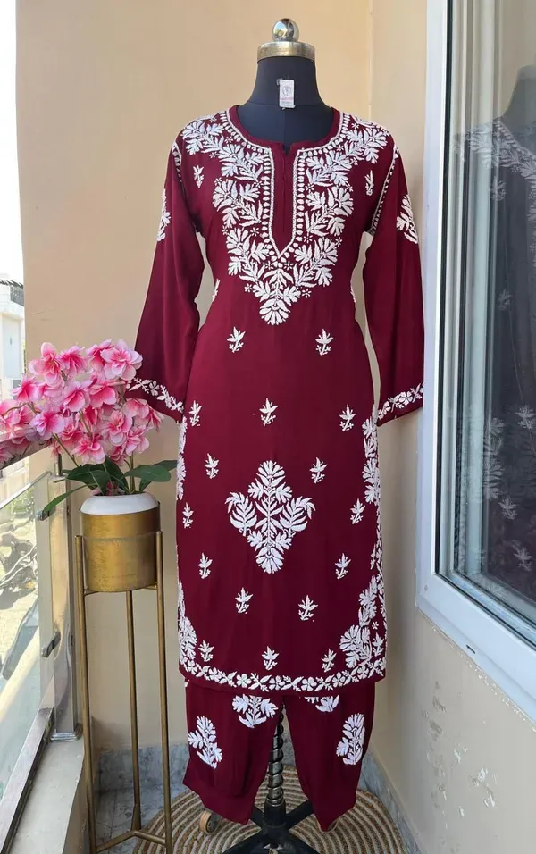 Maroon_Chikankari_Reyon_Kurti_With_Afgani_Salwar_Suit
