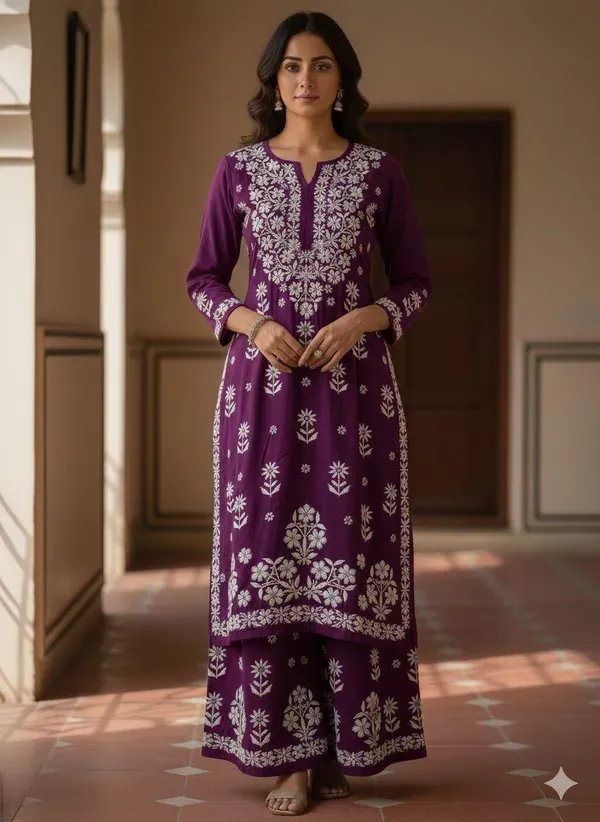 Wine_Elegance_Chikankari_Reyon_Kurta_And_Palazzo_Set
