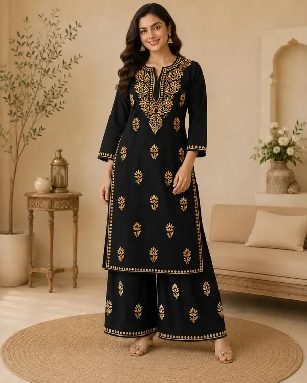 Black_Chiku_Traditional_Chikankari_Work_Kurta_Set