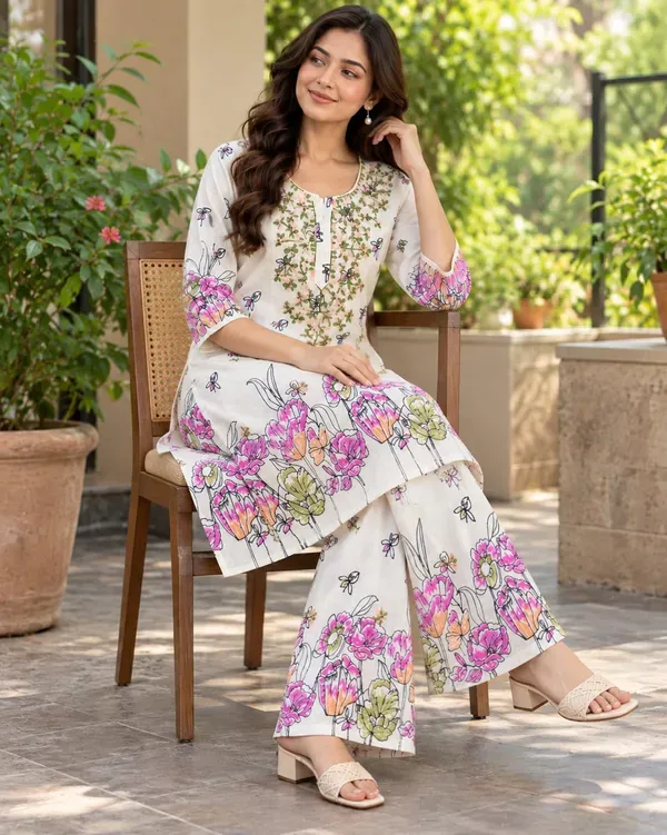 White_Stlylish_Printed_Pure_Cotton_Kurta_And_Plazzo_Set