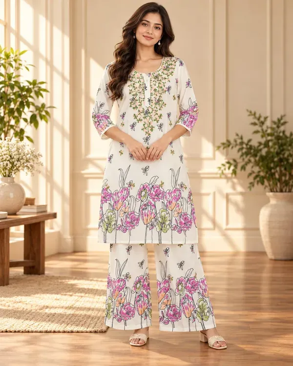 White_Stlylish_Printed_Pure_Cotton_Kurta_And_Plazzo_Set