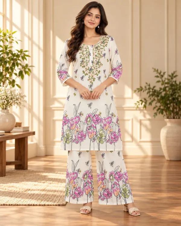 White_Stlylish_Printed_Pure_Cotton_Kurta_And_Plazzo_Set