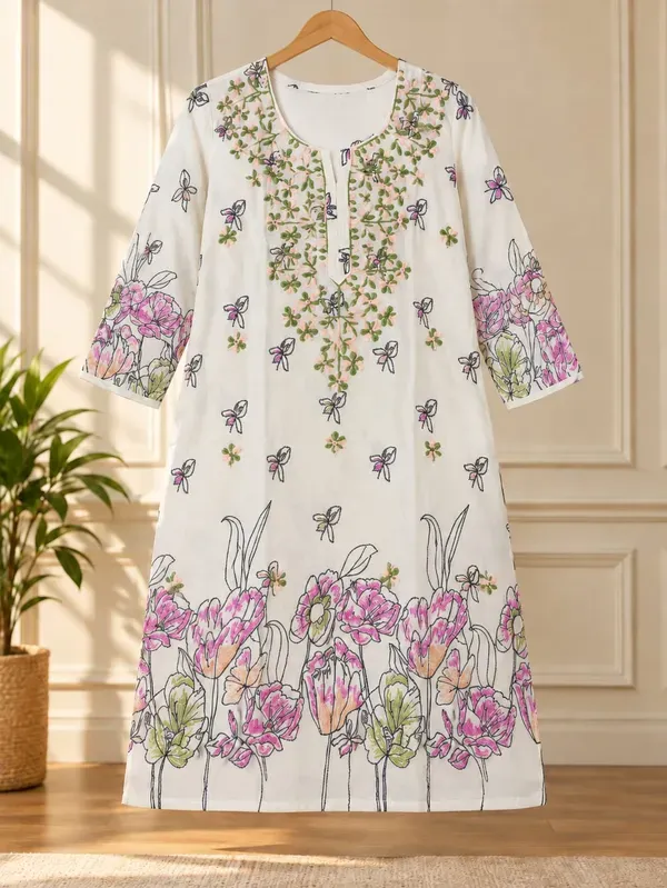 White_Stlylish_Printed_Pure_Cotton_Kurta_And_Plazzo_Set