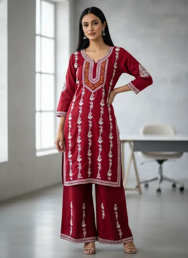 Maroon_Elegant_Chikankari_Kurta_With_Palazzo