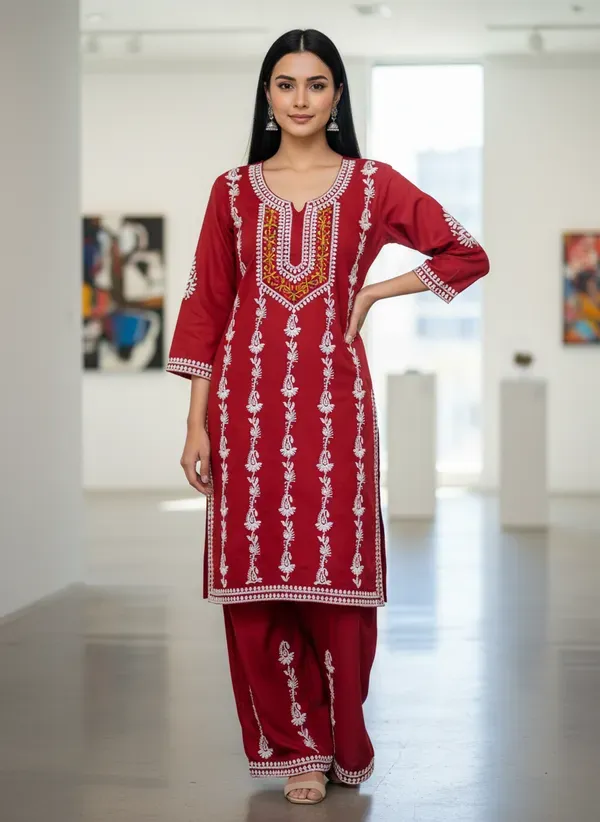 Maroon_Elegant_Chikankari_Kurta_With_Palazzo