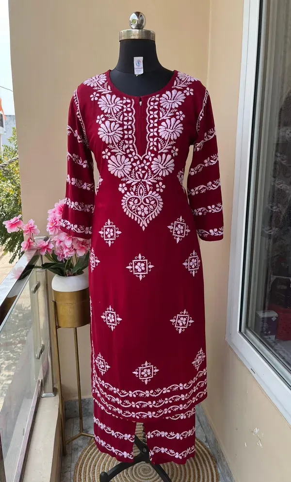 Maroon_Chikankari_Kurti_With_Matching_Printed_Plazzo_Suit_2ps_For_Women