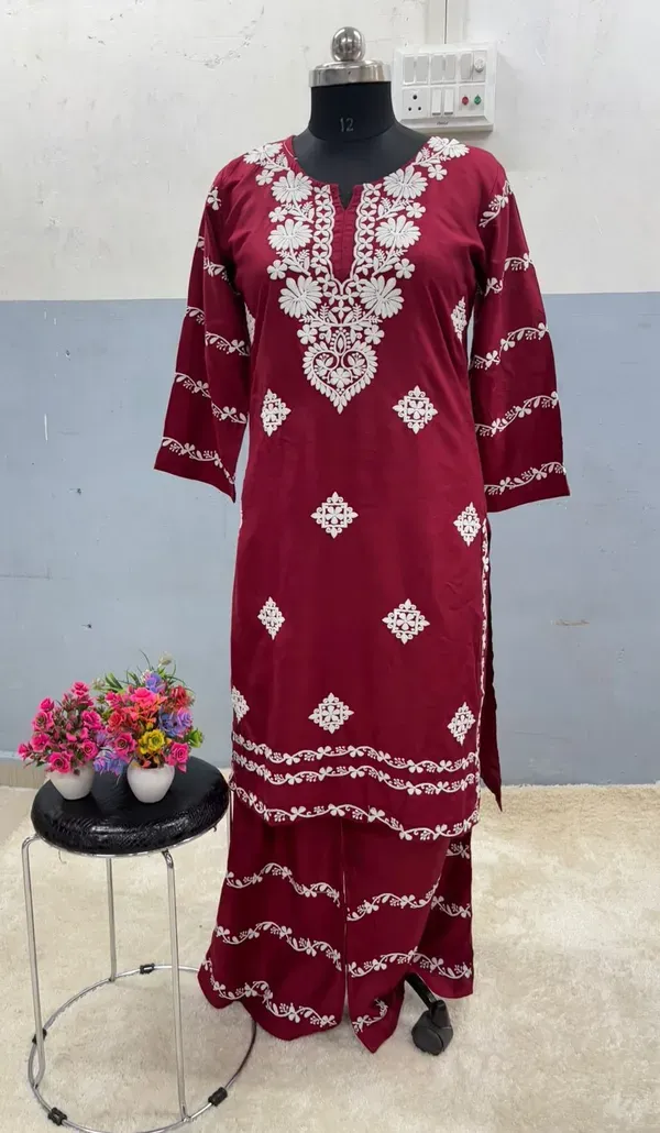 Maroon_Chikankari_Kurti_With_Matching_Printed_Plazzo_Suit_2ps_For_Women