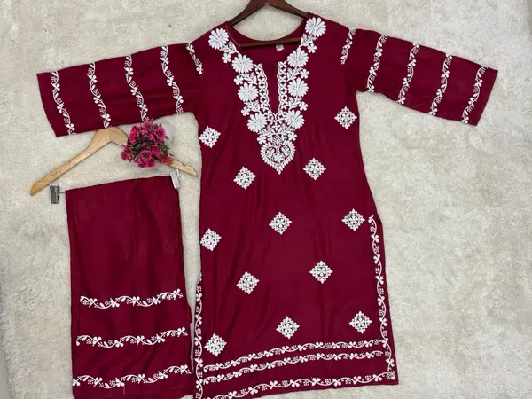 Maroon_Chikankari_Kurti_With_Matching_Printed_Plazzo_Suit_2ps_For_Women