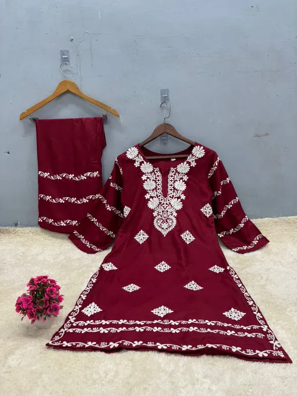 Maroon_Chikankari_Kurti_With_Matching_Printed_Plazzo_Suit_2ps_For_Women