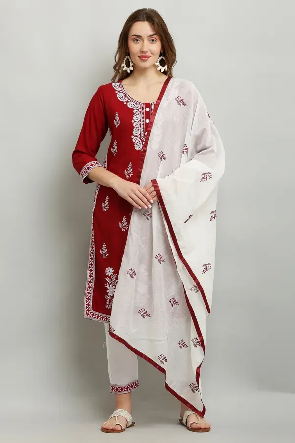 Maroon_Rayon_Kurti_With_Dupatta_And_Bottom_Wear_3_Piece_Set_For_Women