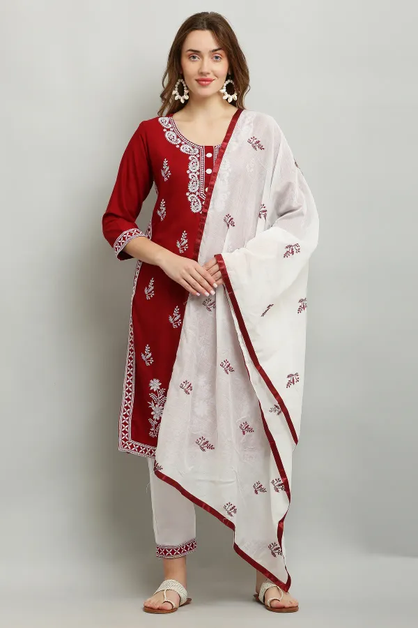 Maroon_Rayon_Kurti_With_Dupatta_And_Bottom_Wear_3_Piece_Set_For_Women