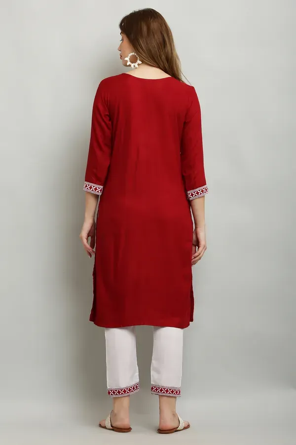 Maroon_Rayon_Kurti_With_Dupatta_And_Bottom_Wear_3_Piece_Set_For_Women